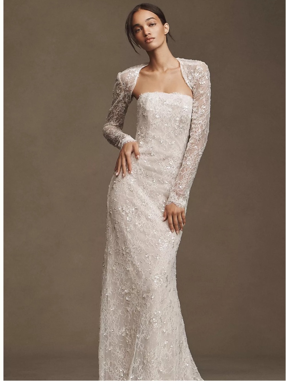 Watters Strapless Sequin Lace Sheath Gown in Ivory